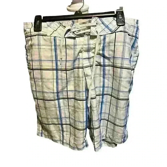 Old Navy Men's Size Medium Swim Trunk Shorts Blue/White/Black Plaid with Tie - Picture 2 of 7